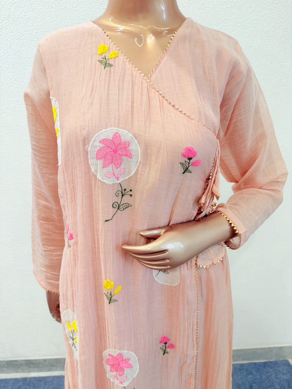 Floral Motif Angrakha Suit Set with Tassel Details and Dupatta