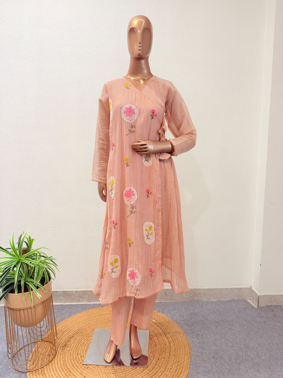 Floral Motif Angrakha Suit Set with Tassel Details and Dupatta