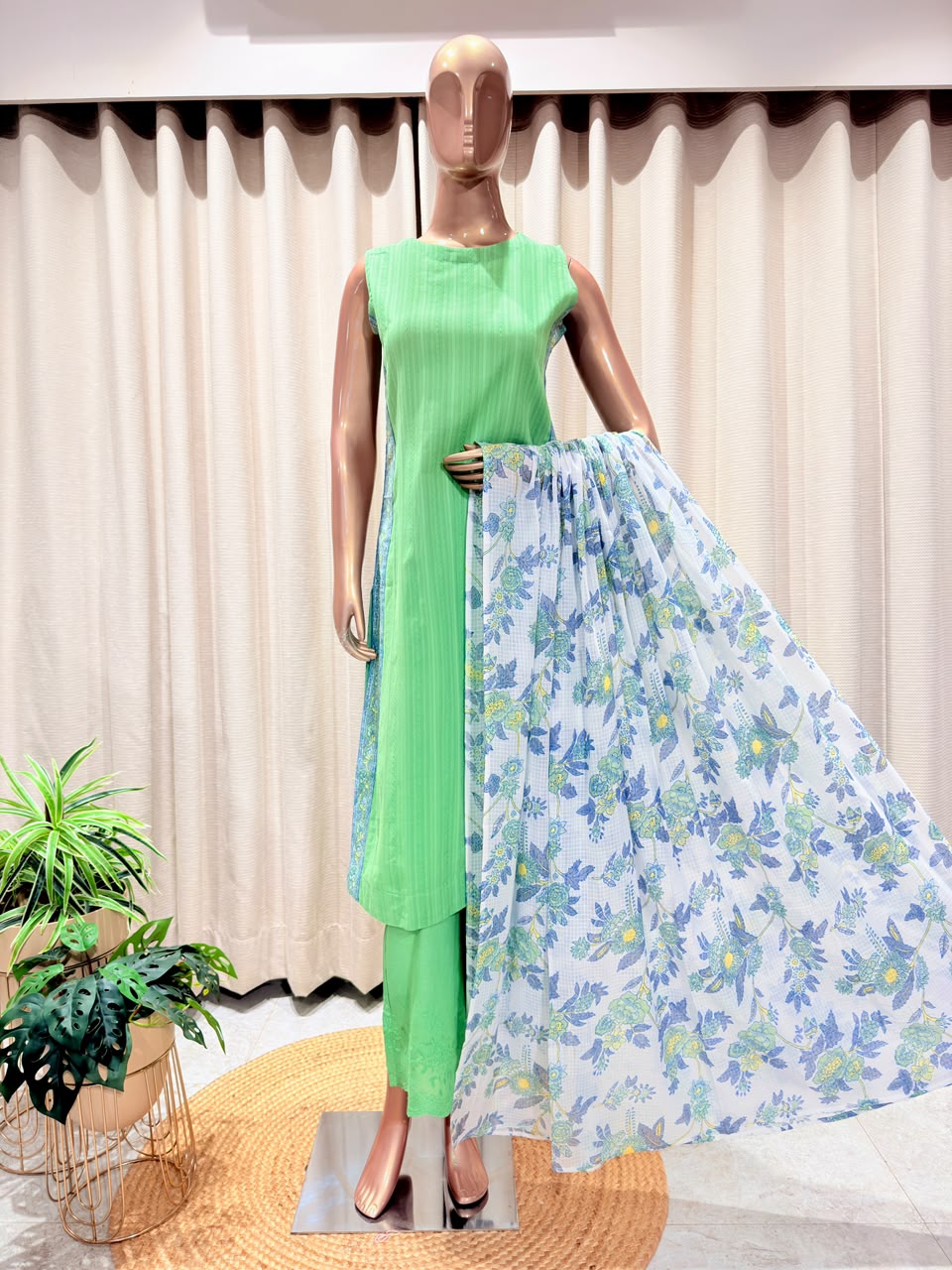 Self-Striped Panel Kurta Set with Schiffli Embroidered Trousers & Floral Dupatta