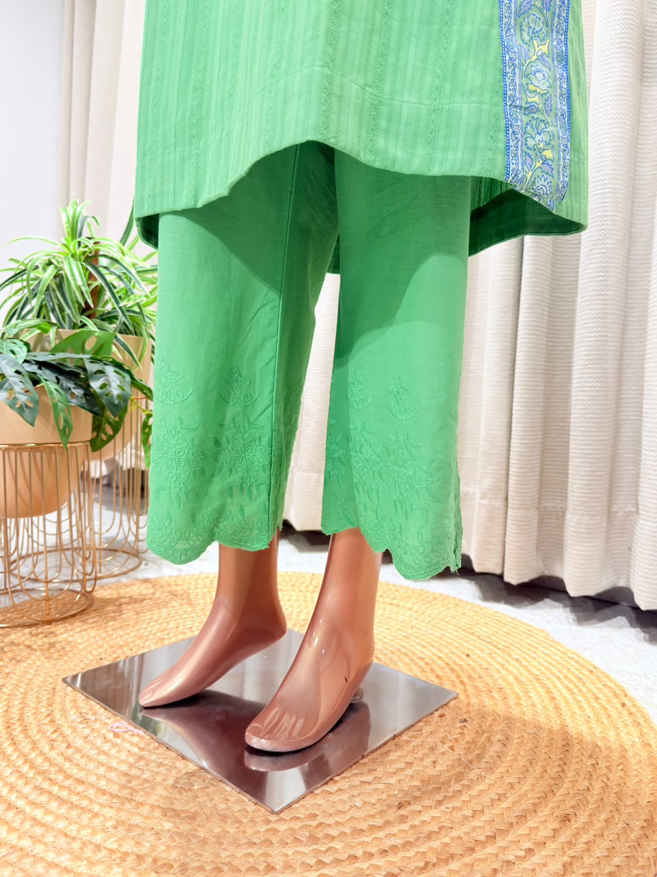 Self-Striped Panel Kurta Set with Schiffli Embroidered Trousers & Floral Dupatta