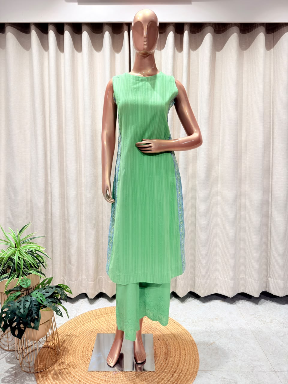 Self-Striped Panel Kurta Set with Schiffli Embroidered Trousers & Floral Dupatta