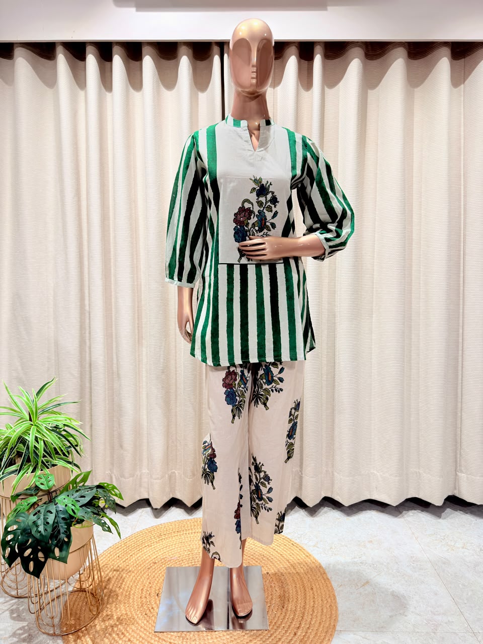 Striped Cotton Coord Set with Floral Print Trousers