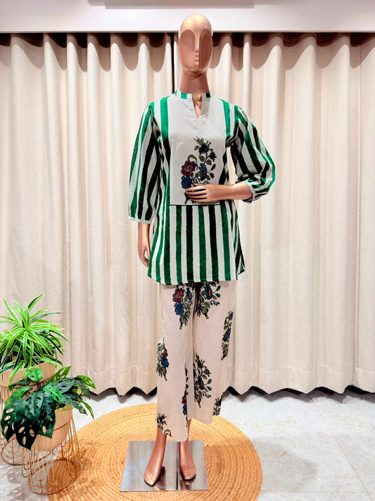 Striped Cotton Coord Set with Floral Print Trousers