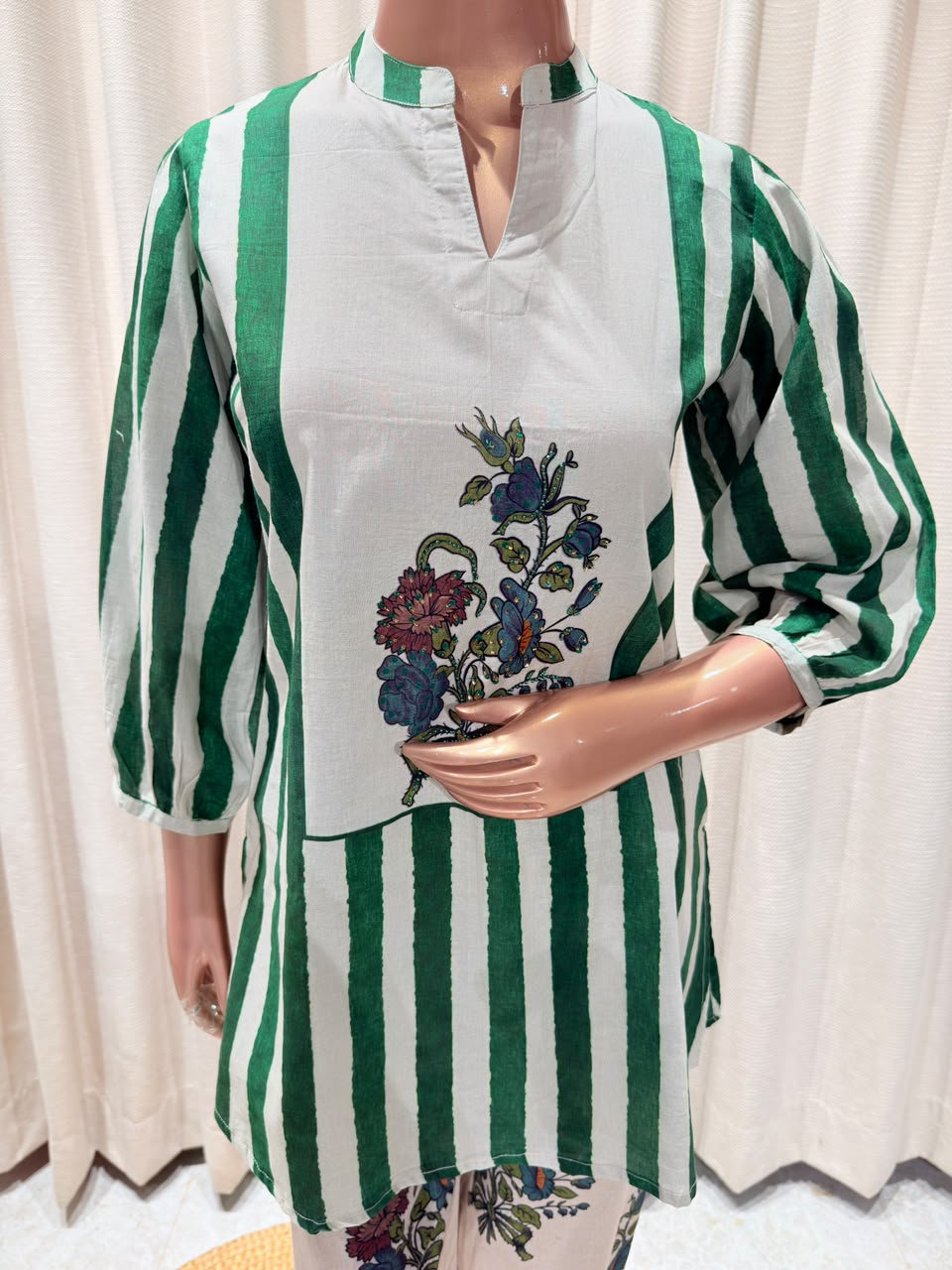 Striped Cotton Coord Set with Floral Print Trousers