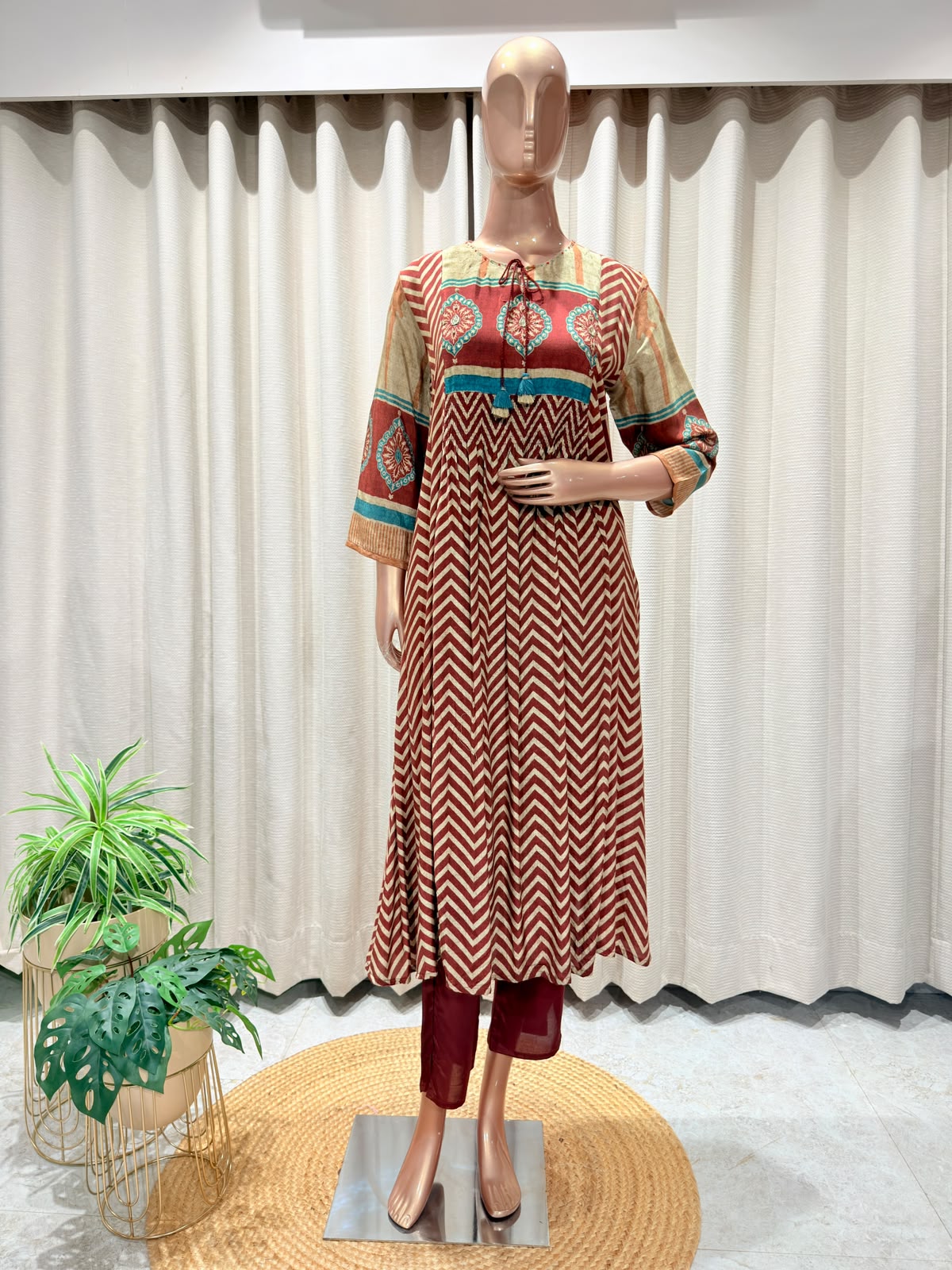 Premium Mughal Motif Panel Chevron Printed Flared Kurta Set