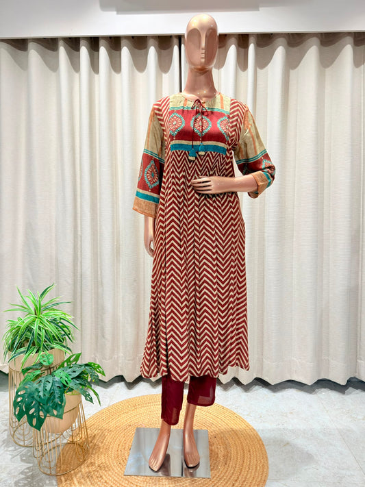 Premium Mughal Motif Panel Chevron Printed Flared Kurta Set