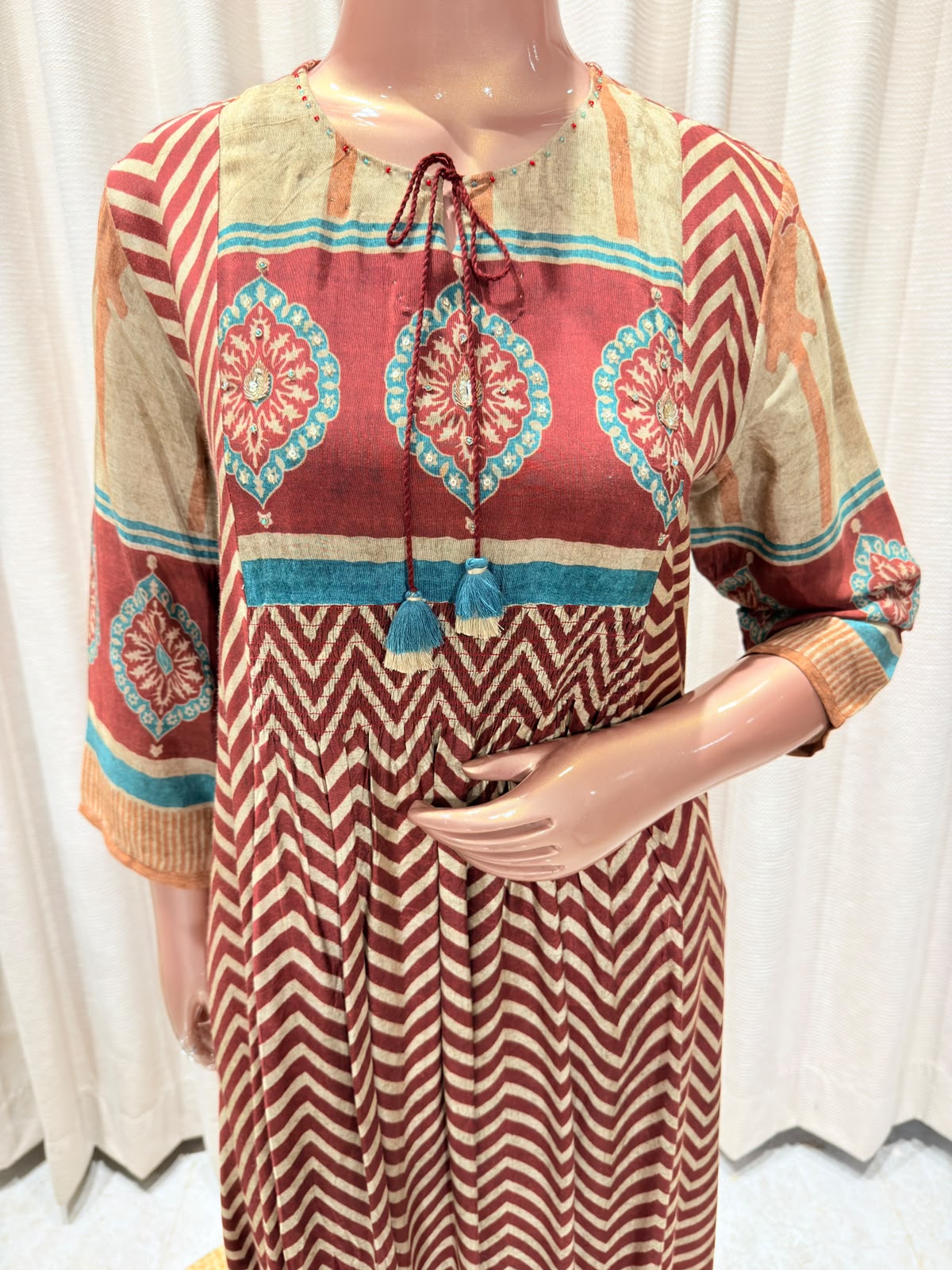 Premium Mughal Motif Panel Chevron Printed Flared Kurta Set