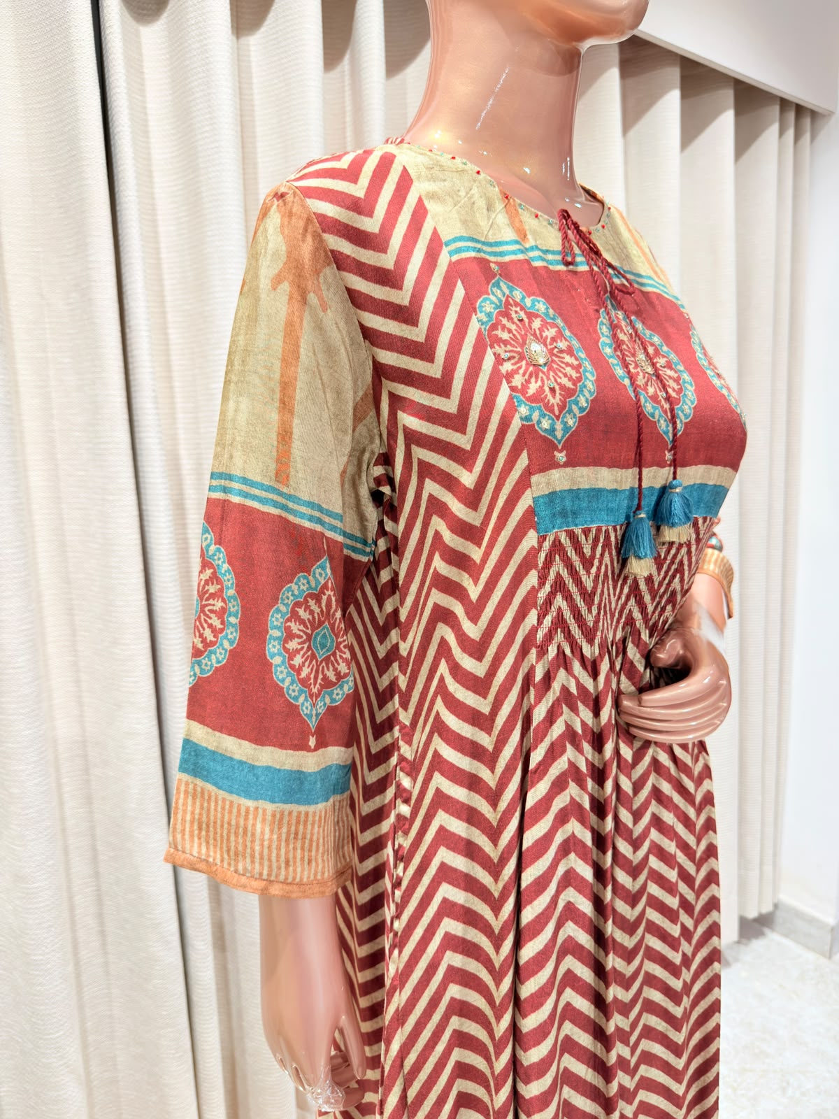 Premium Mughal Motif Panel Chevron Printed Flared Kurta Set