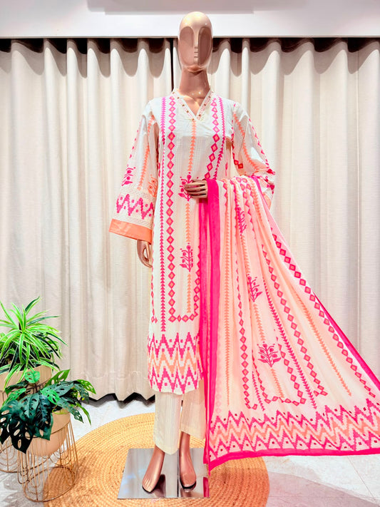 Geometric Print Cotton Suit Set with Coordinated Dupatta