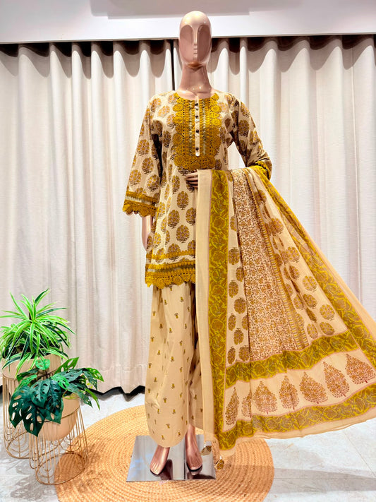 Heavily Laced Neckline Block Print Suit Set with Farsi Salwar