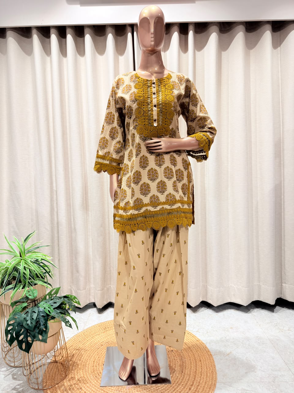 Heavily Laced Neckline Block Print Suit Set with Farsi Salwar