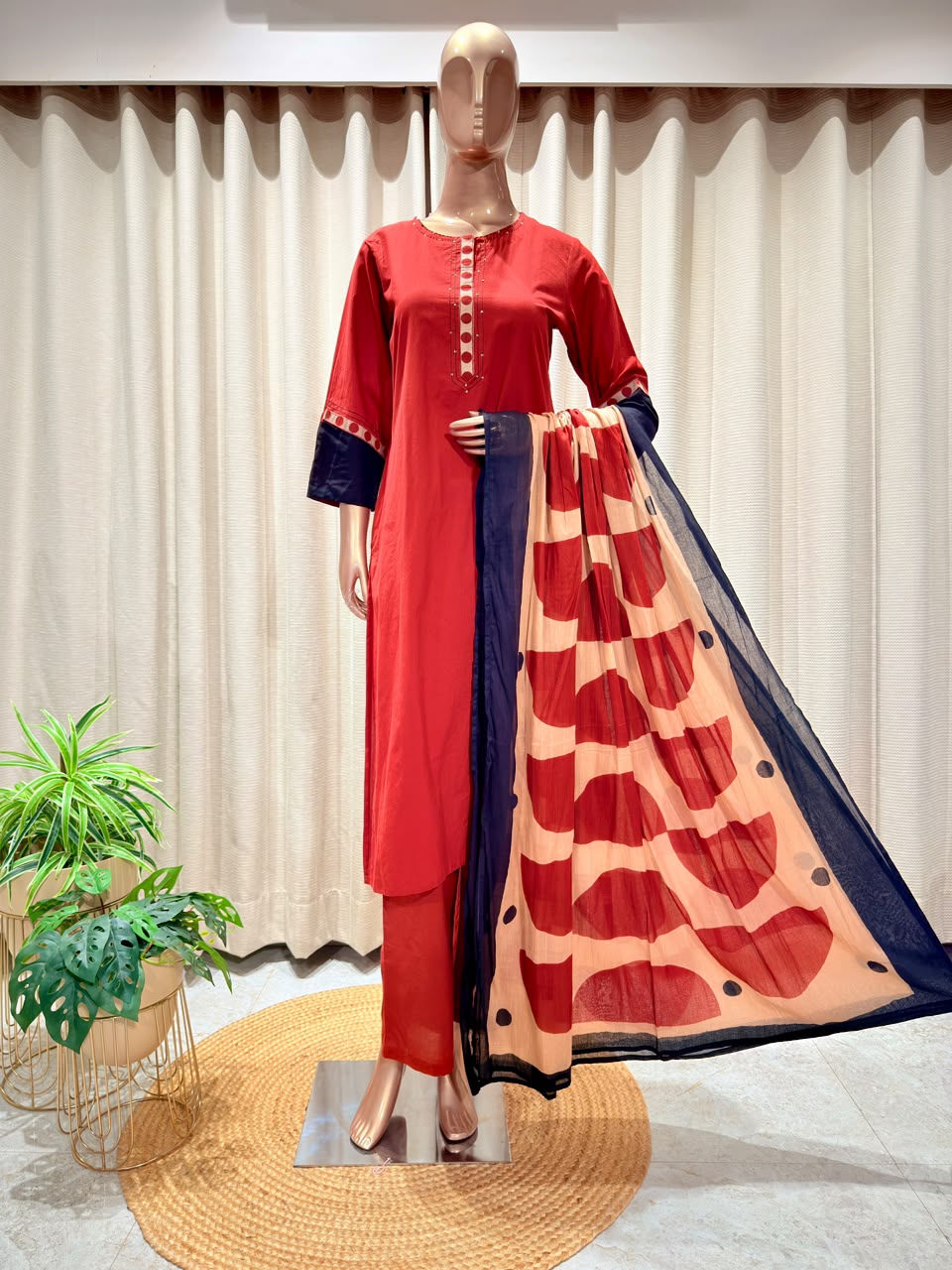 Contrast Placket Straight Suit Set with Geometric Print Dupatta
