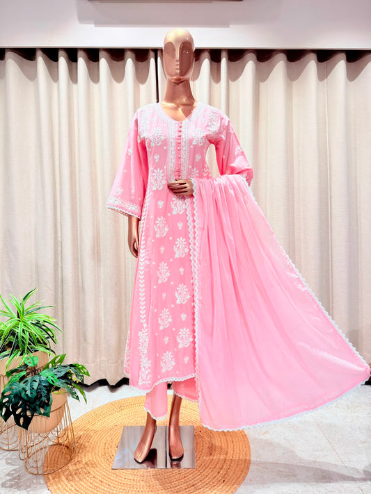 Chikankari Embroidered Anarkali Kurta Set with Lace Trim Dupatta - Pink