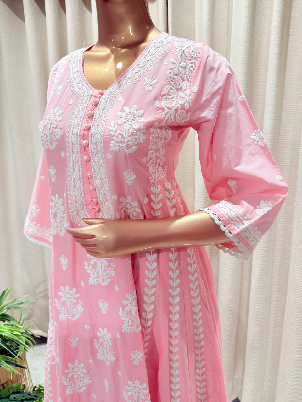 Chikankari Embroidered Anarkali Kurta Set with Lace Trim Dupatta - Pink