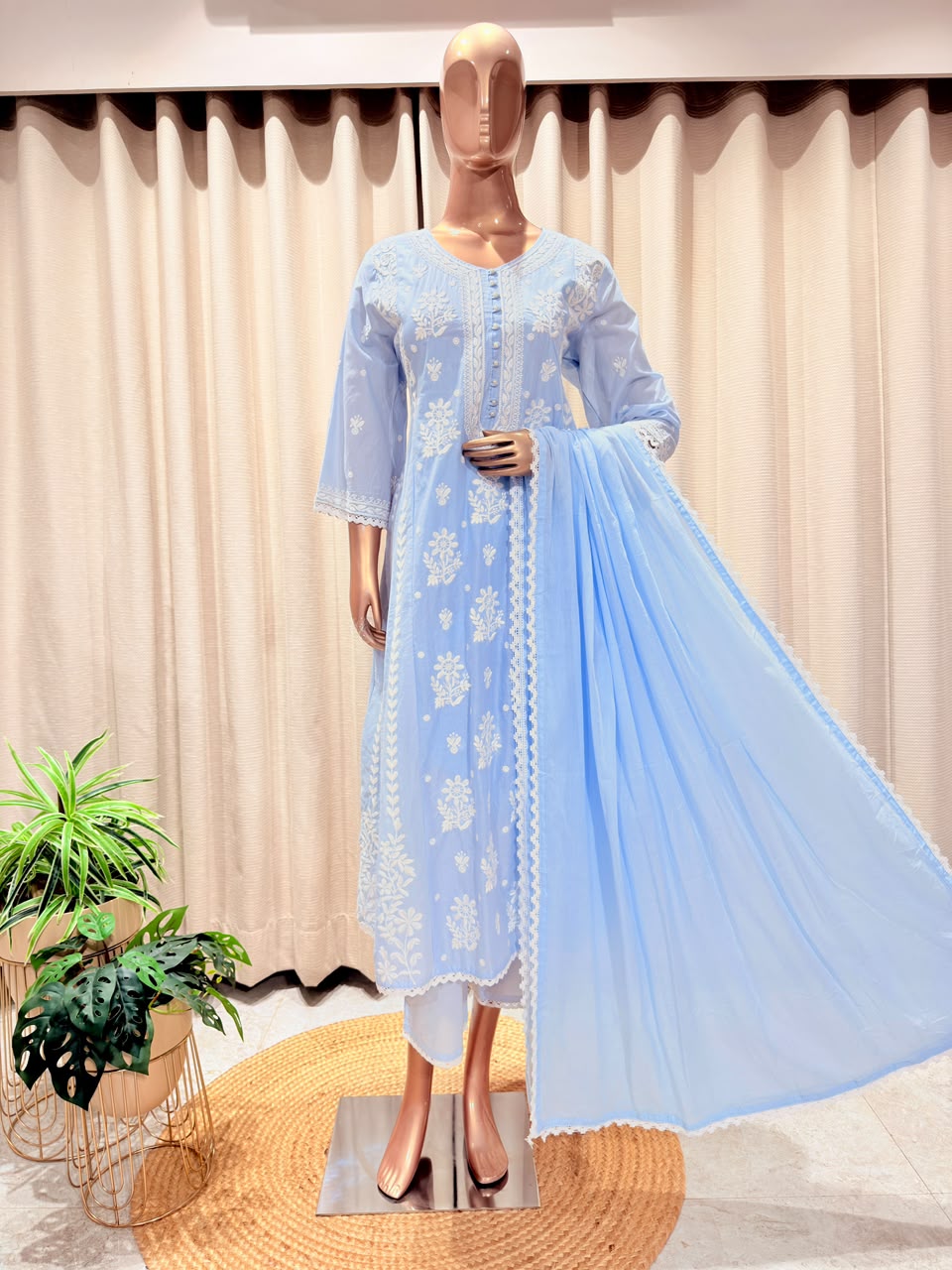 Chikankari Embroidered Anarkali Kurta Set with Lace Trim Dupatta - Blue