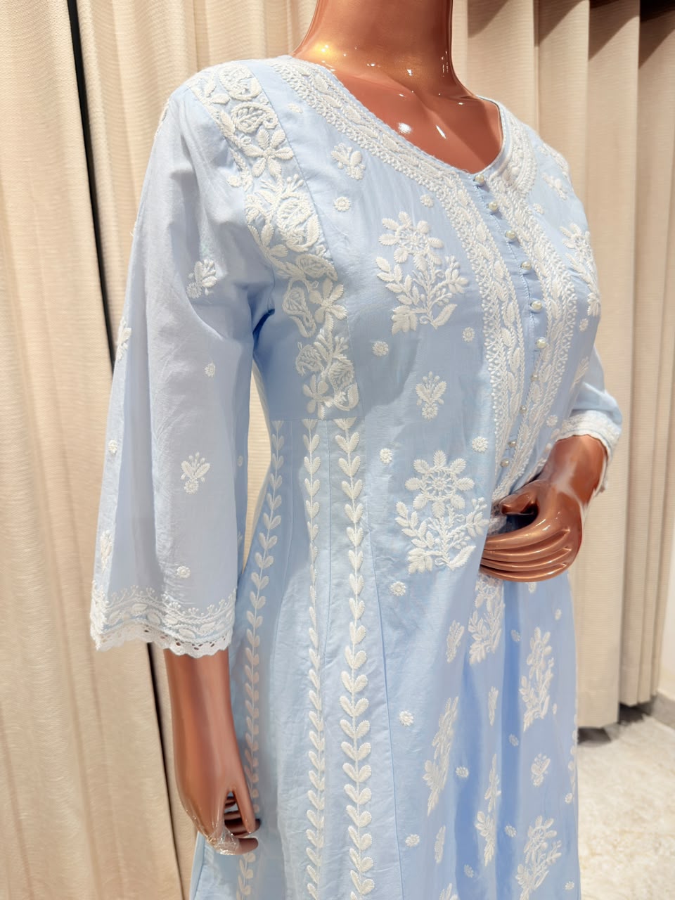 Chikankari Embroidered Anarkali Kurta Set with Lace Trim Dupatta - Blue