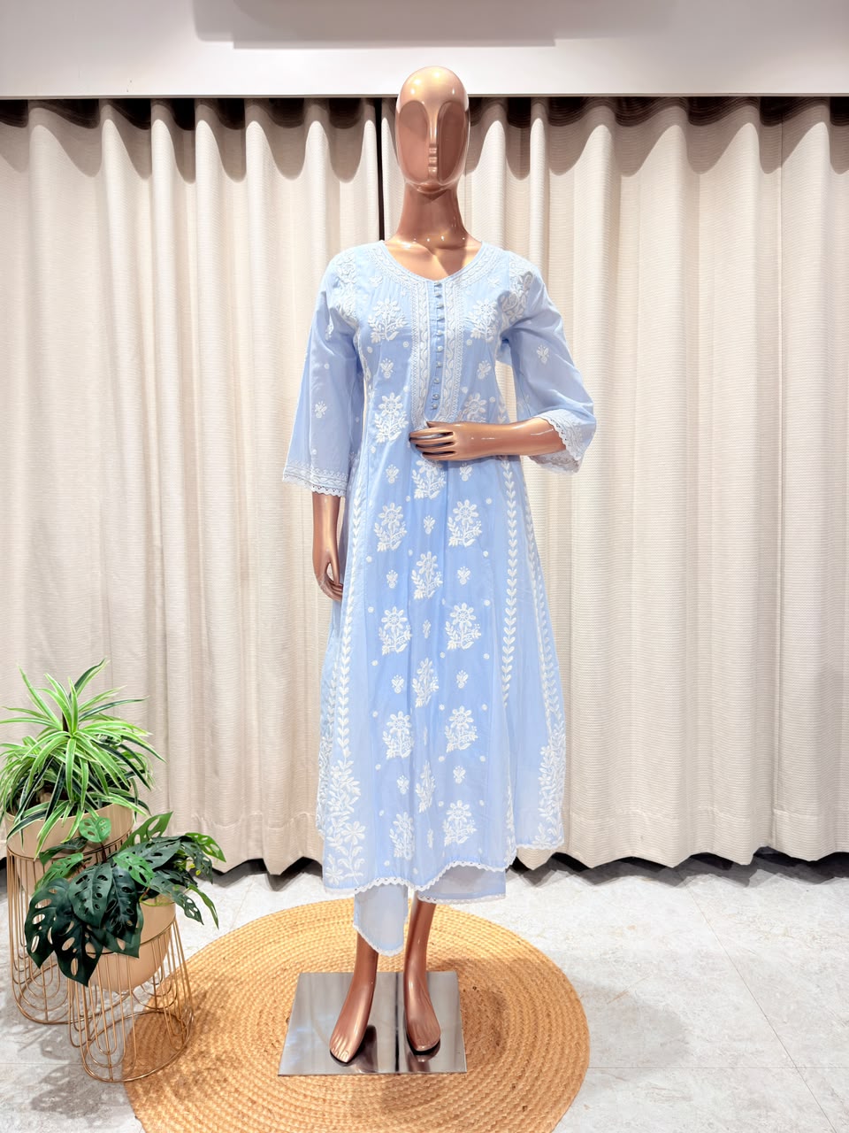 Chikankari Embroidered Anarkali Kurta Set with Lace Trim Dupatta - Blue