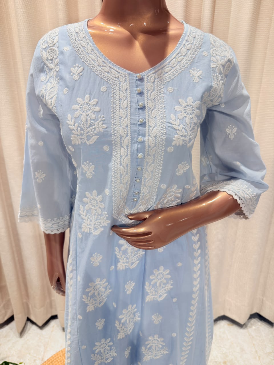 Chikankari Embroidered Anarkali Kurta Set with Lace Trim Dupatta - Blue