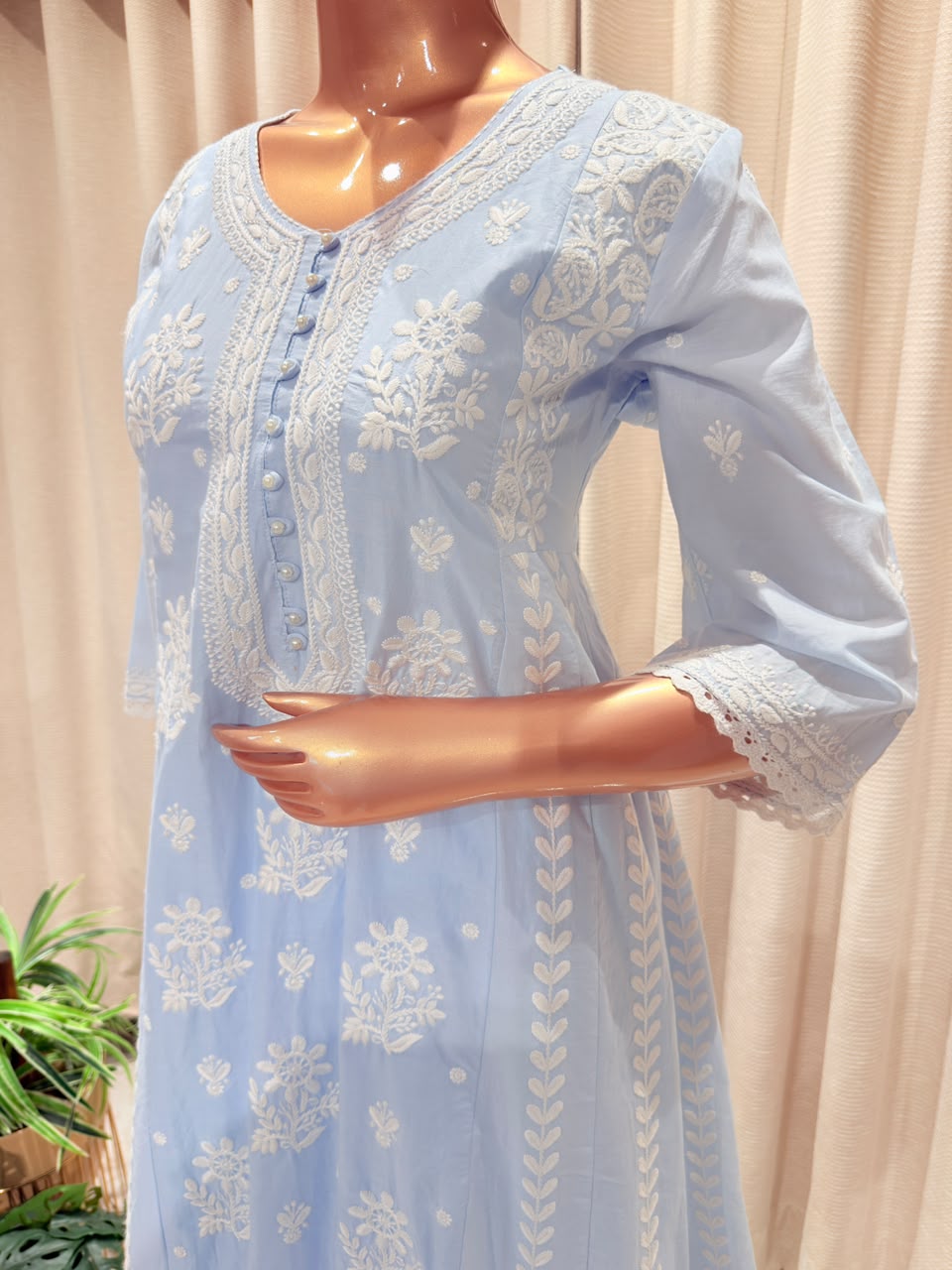 Chikankari Embroidered Anarkali Kurta Set with Lace Trim Dupatta - Blue