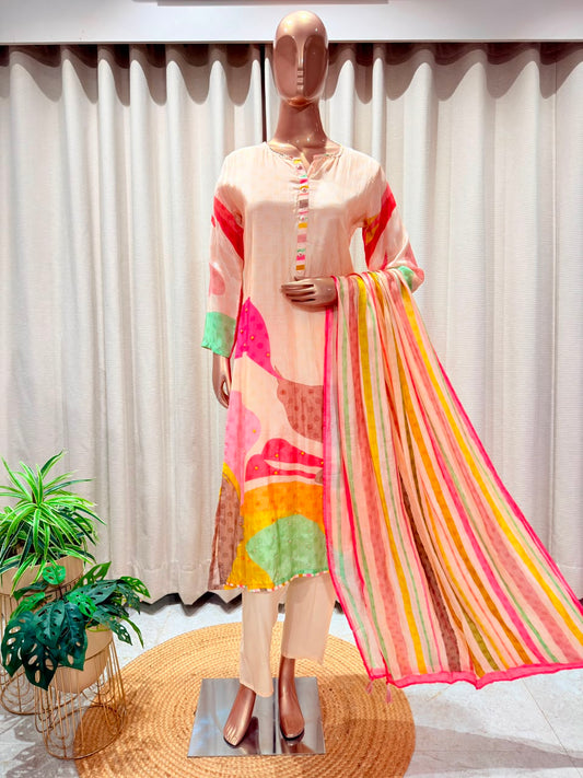 Abstract Print Muslin Three Piece Suit Set