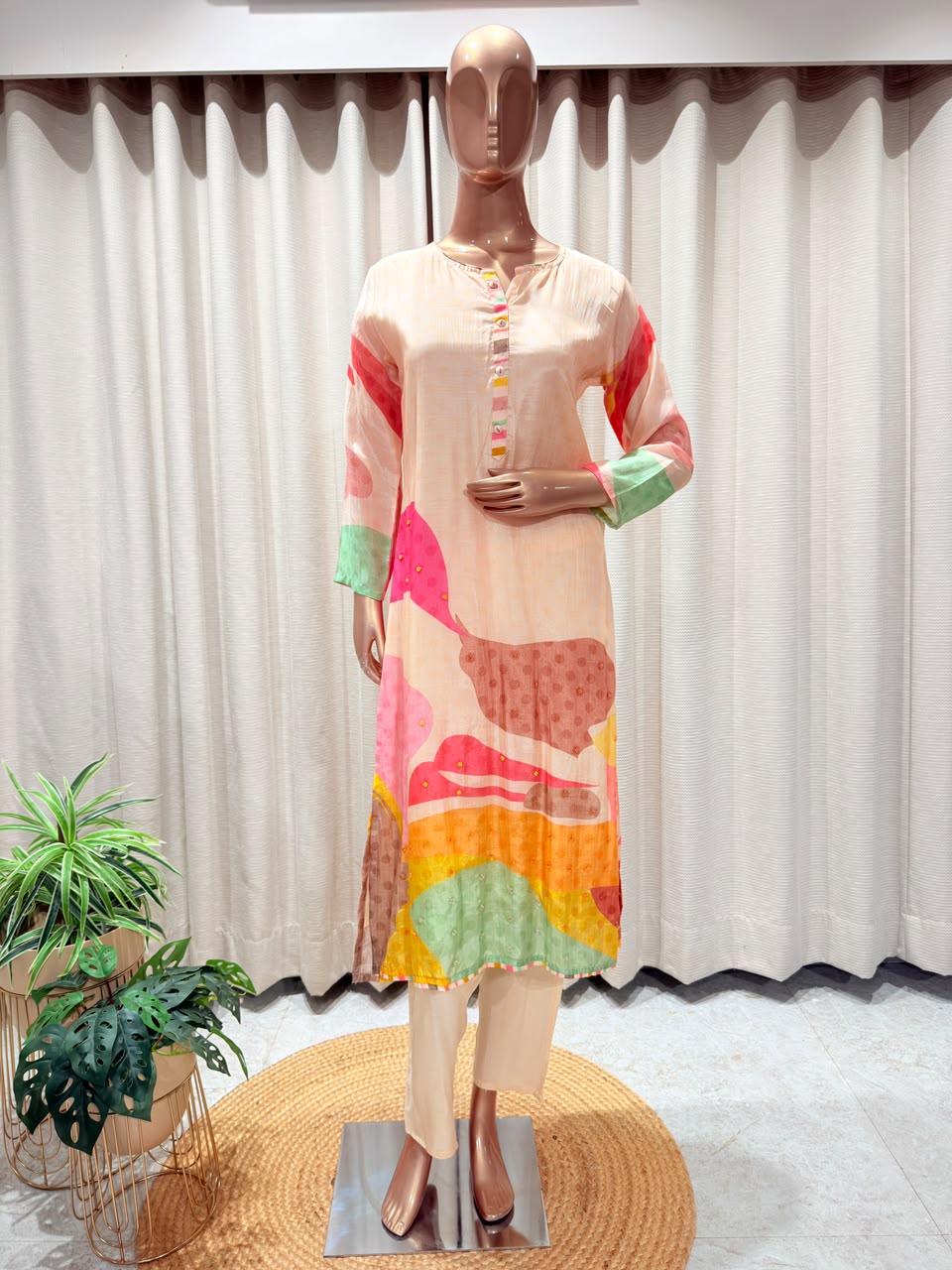 Abstract Print Muslin Three Piece Suit Set