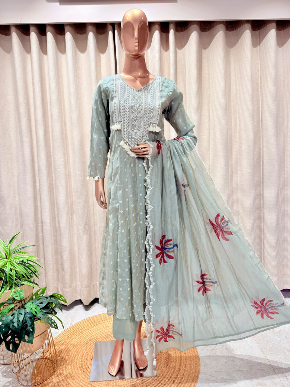 Embroidered Yoke Flared Suit Set with Scalloped Border Dupatta & Tassels