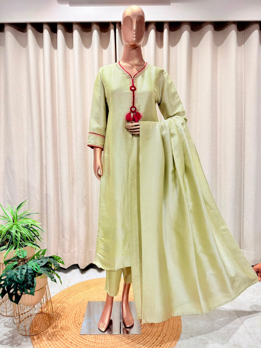 Pistachio Green Banarasi Suit Set with Contrast Embellished Neckline