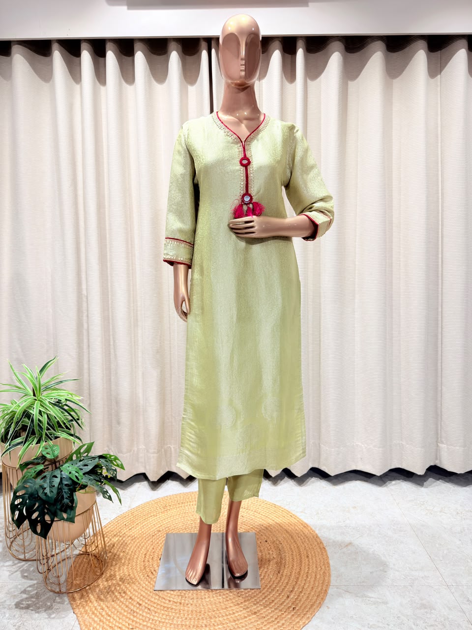 Pistachio Green Banarasi Suit Set with Contrast Embellished Neckline