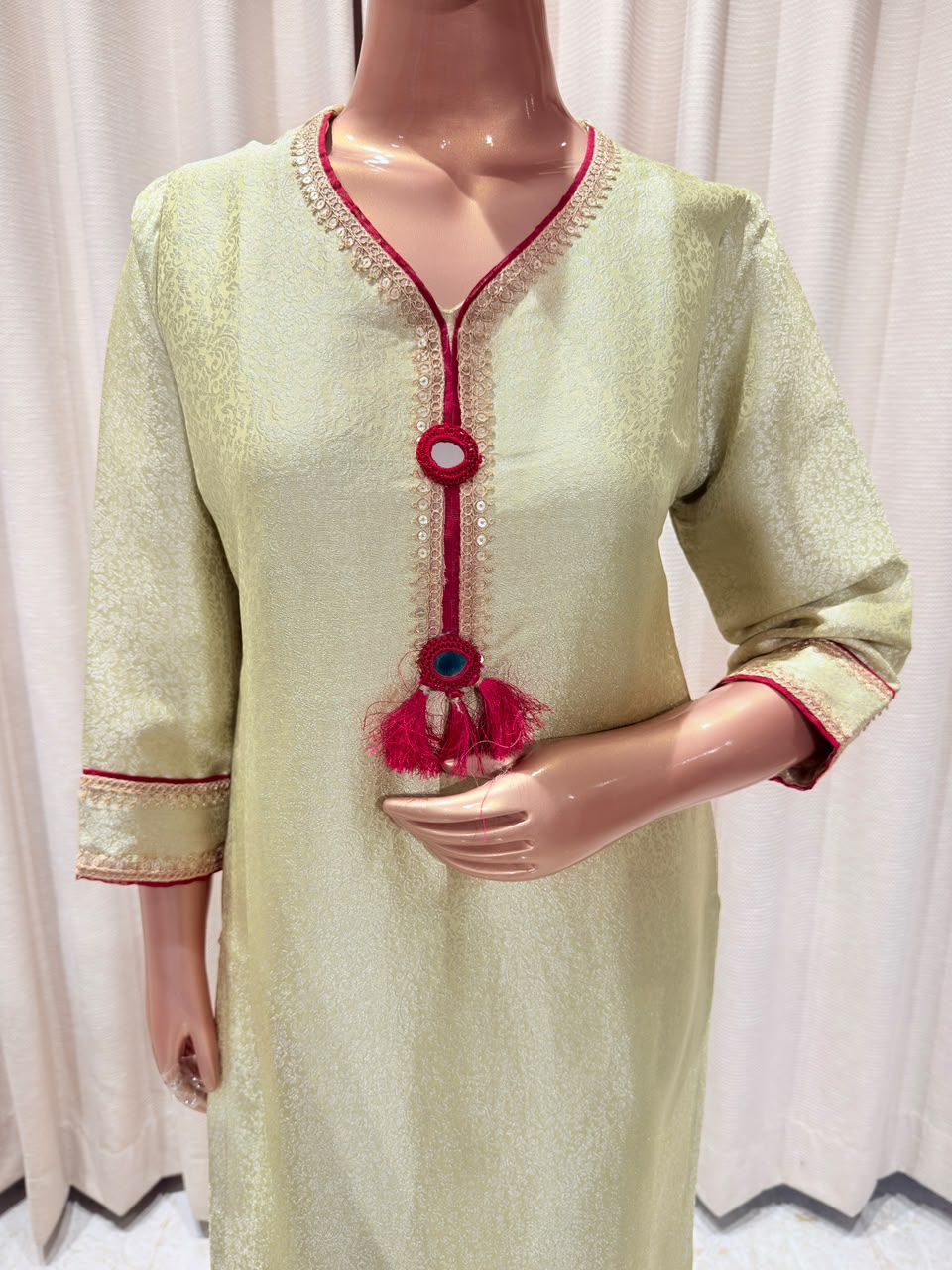 Pistachio Green Banarasi Suit Set with Contrast Embellished Neckline