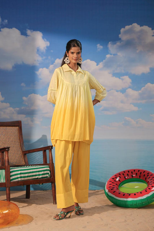 Schiffli Yoke Tunic Shirt with Farshi Pants - Yellow