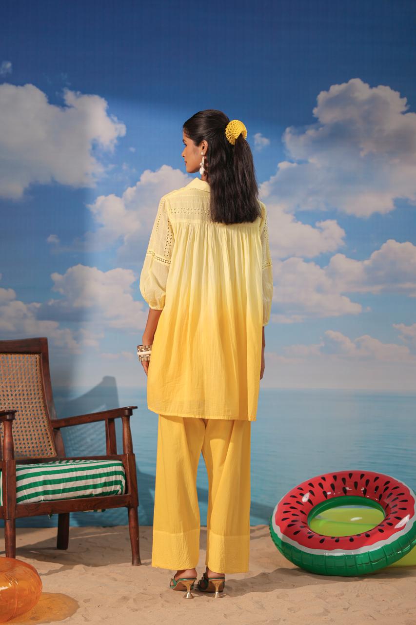 Schiffli Yoke Tunic Shirt with Farshi Pants - Yellow