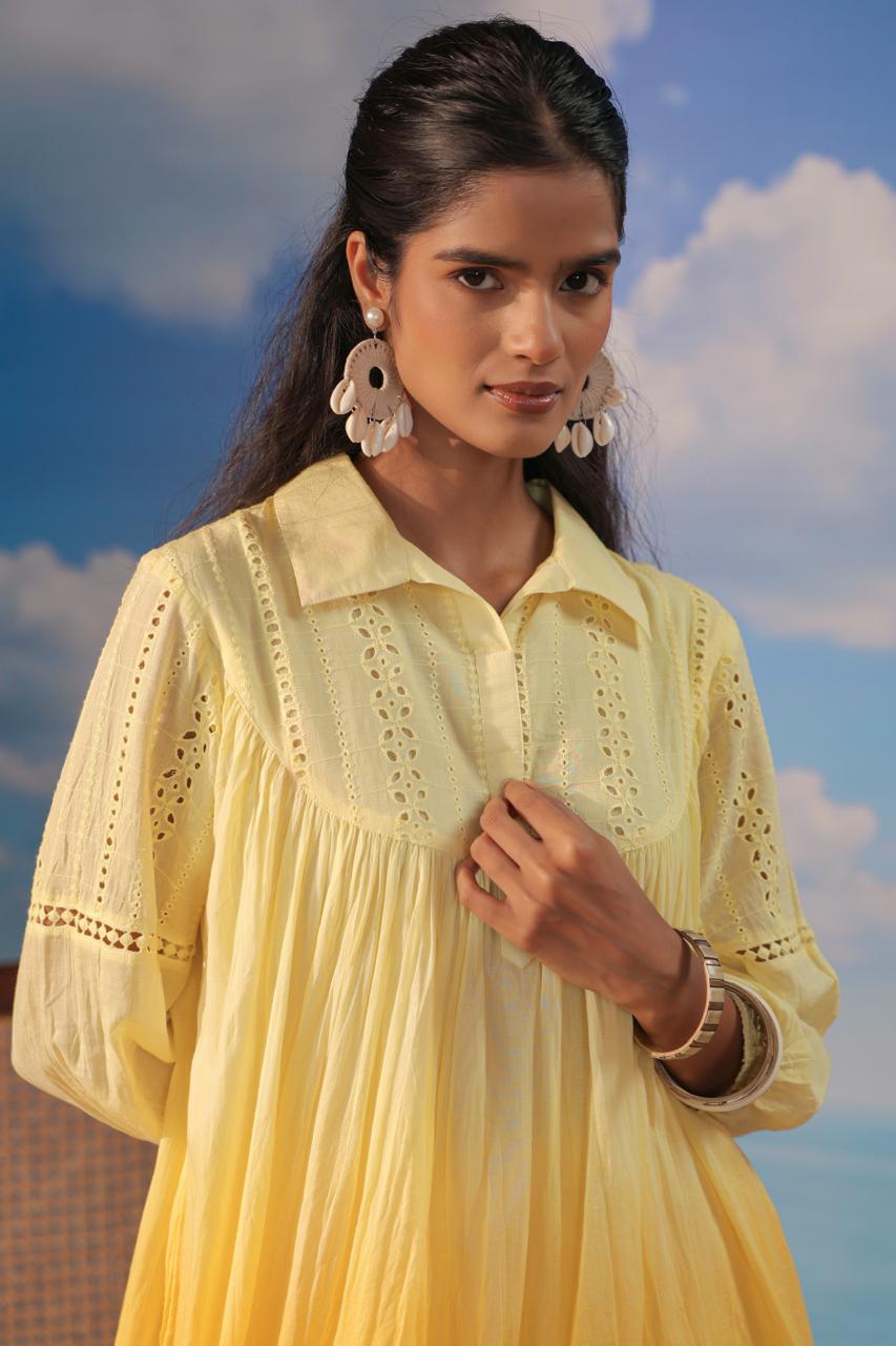 Schiffli Yoke Tunic Shirt with Farshi Pants - Yellow