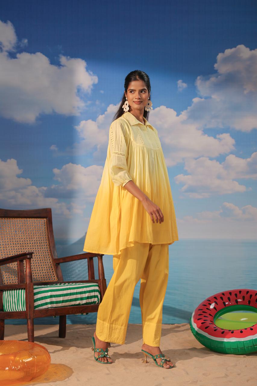 Schiffli Yoke Tunic Shirt with Farshi Pants - Yellow