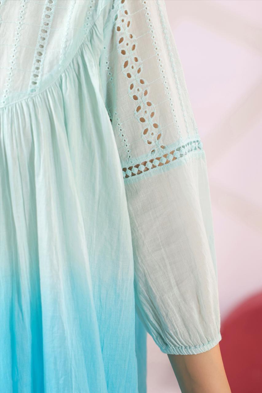 Schiffli Yoke Tunic Shirt with Farshi Pants - Blue