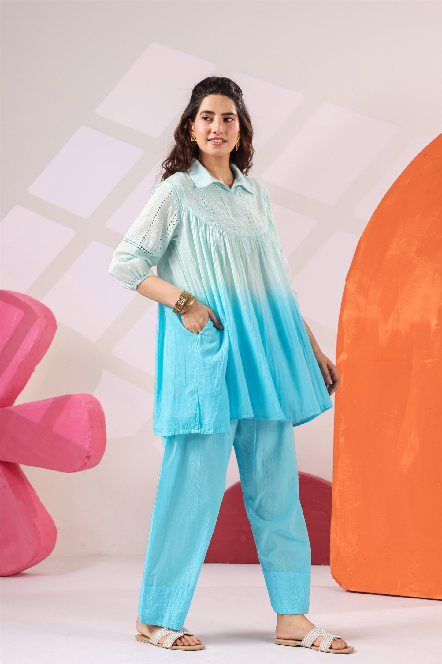 Schiffli Yoke Tunic Shirt with Farshi Pants - Blue