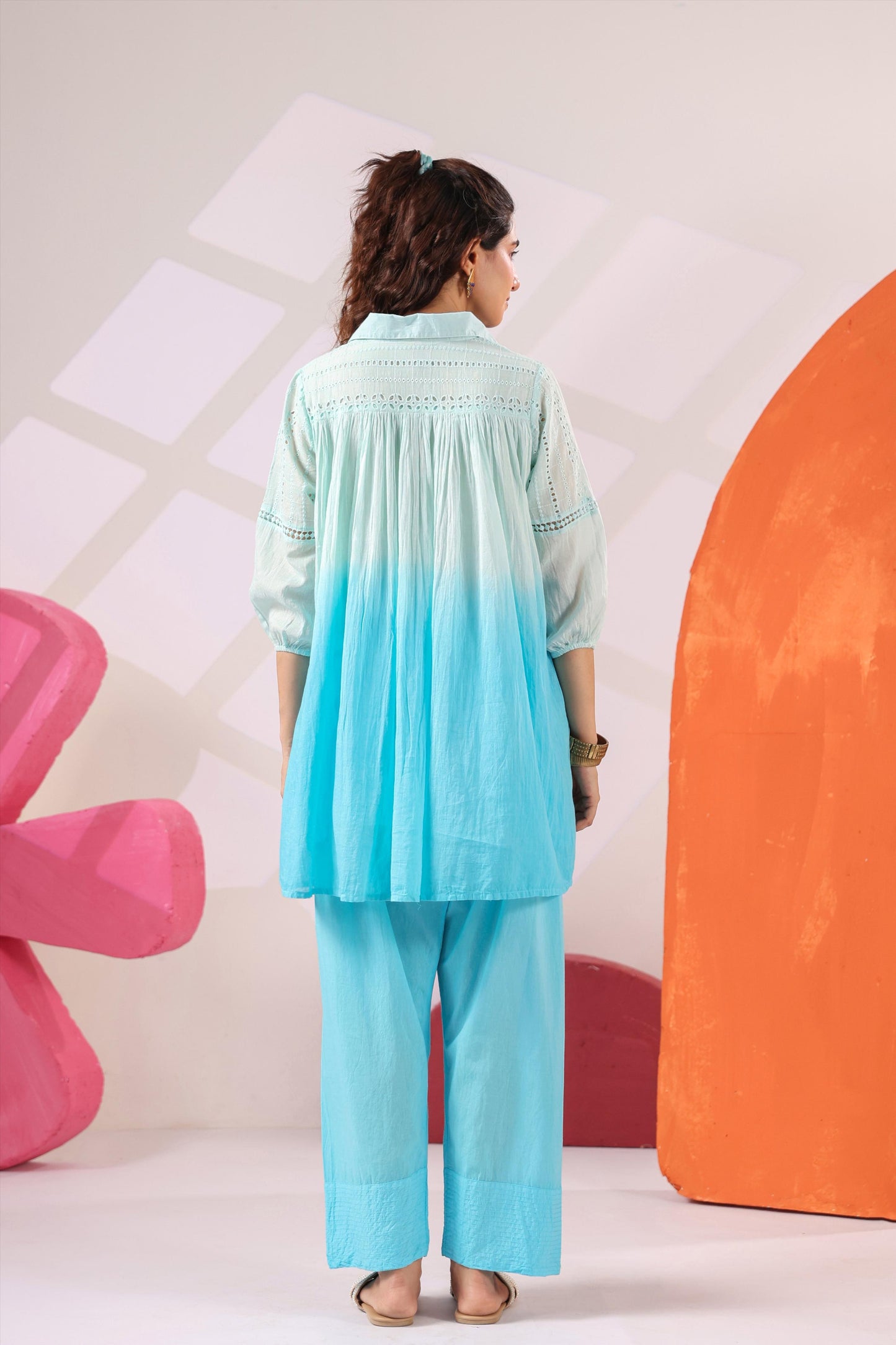 Schiffli Yoke Tunic Shirt with Farshi Pants - Blue
