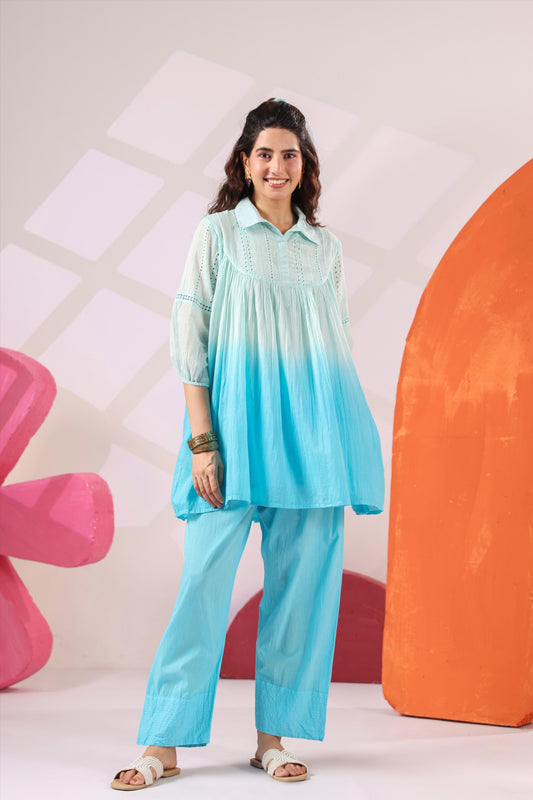 Schiffli Yoke Tunic Shirt with Farshi Pants - Blue
