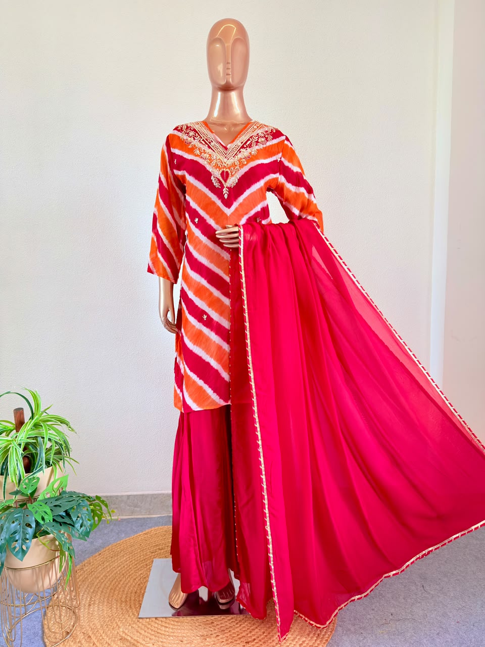 Gota Patti Embroidered Leheriya Suit Set with Dupatta & Palazzo