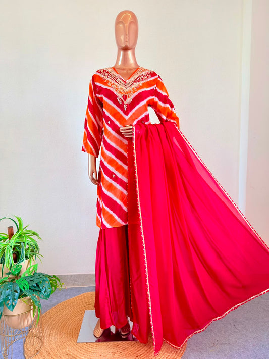 Gota Patti Embroidered Leheriya Suit Set with Dupatta & Palazzo