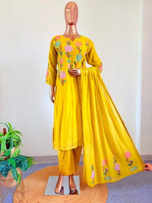 Applique Work Mul Chanderi Suit Set with Dupatta and Straight Pants