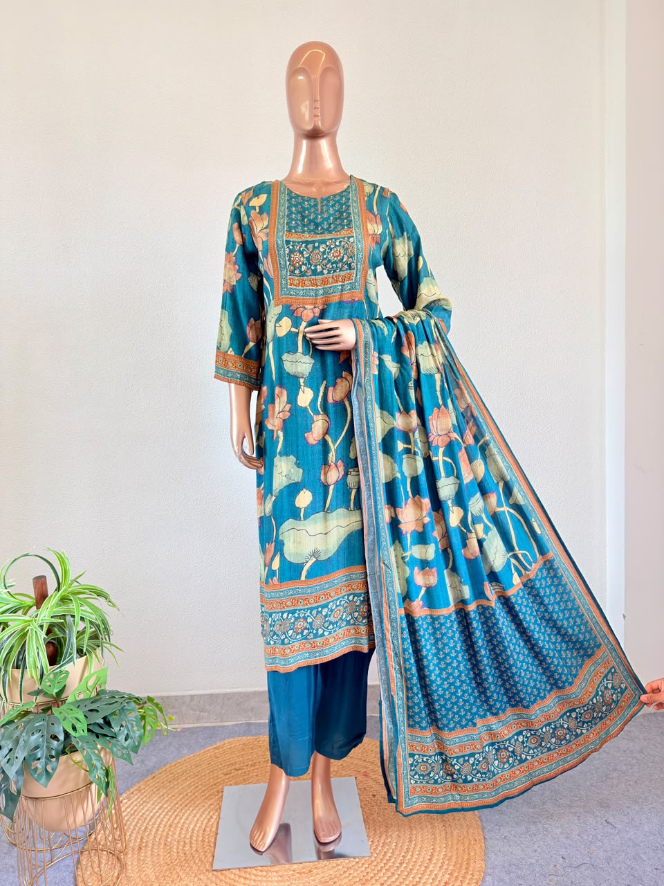 Pichwai Lotus Print Muslin Suit Set with Mirror Work Yoke & Dupatta