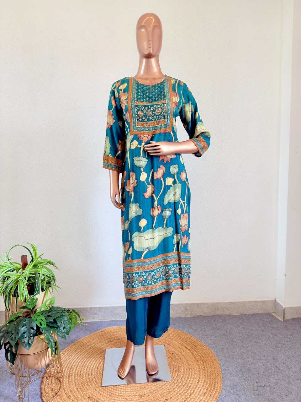Pichwai Lotus Print Muslin Suit Set with Mirror Work Yoke & Dupatta