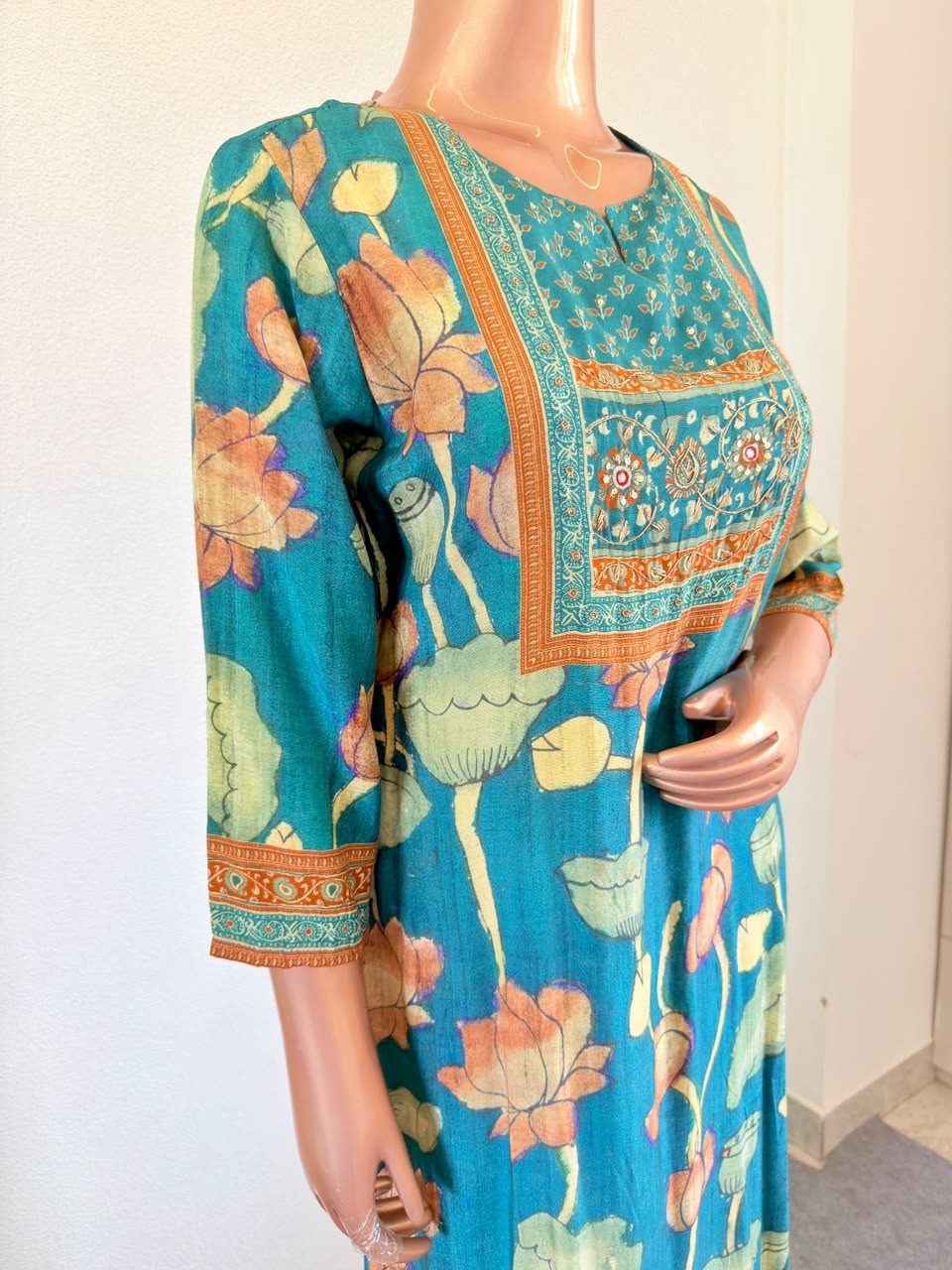 Pichwai Lotus Print Muslin Suit Set with Mirror Work Yoke & Dupatta