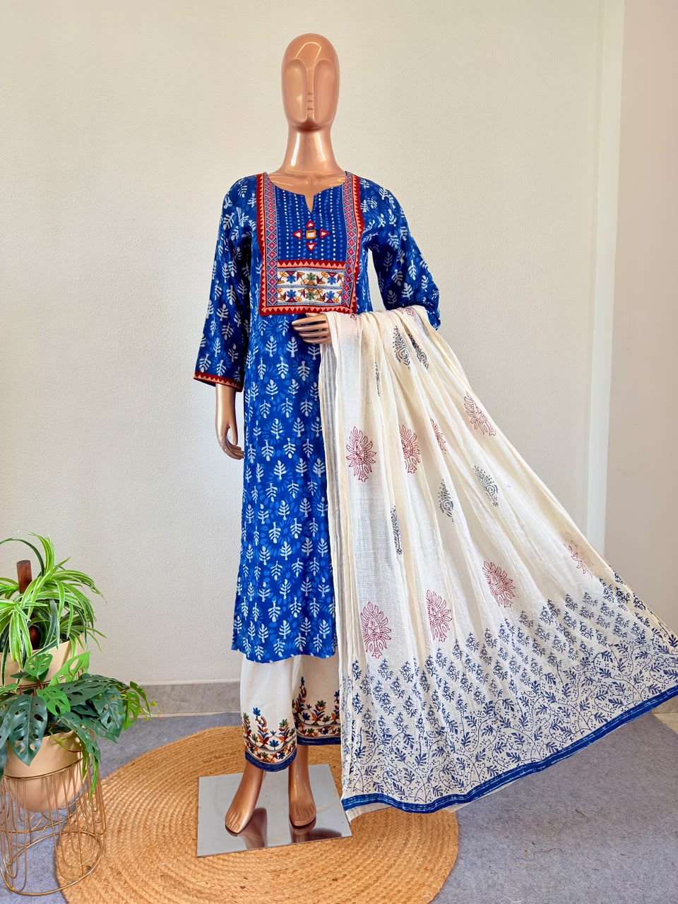 Indigo Cotton Suit with Kutchi Yolk and Kota Doria Dupatta