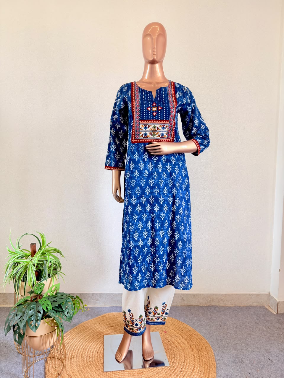 Indigo Cotton Suit with Kutchi Yolk and Kota Doria Dupatta