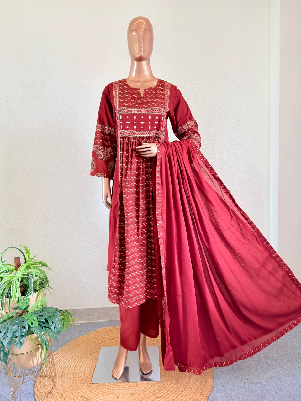 Mirror Work Paneled Ajrakh Print Suit Set with Dupatta