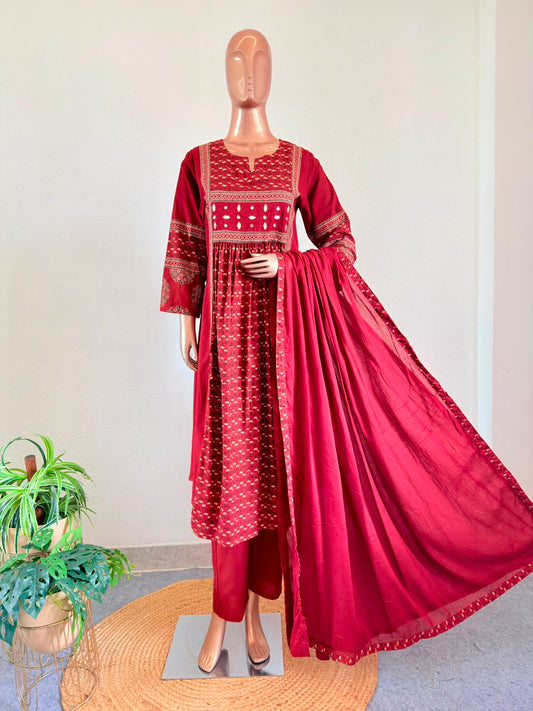 Mirror Work Paneled Ajrakh Print Suit Set with Dupatta
