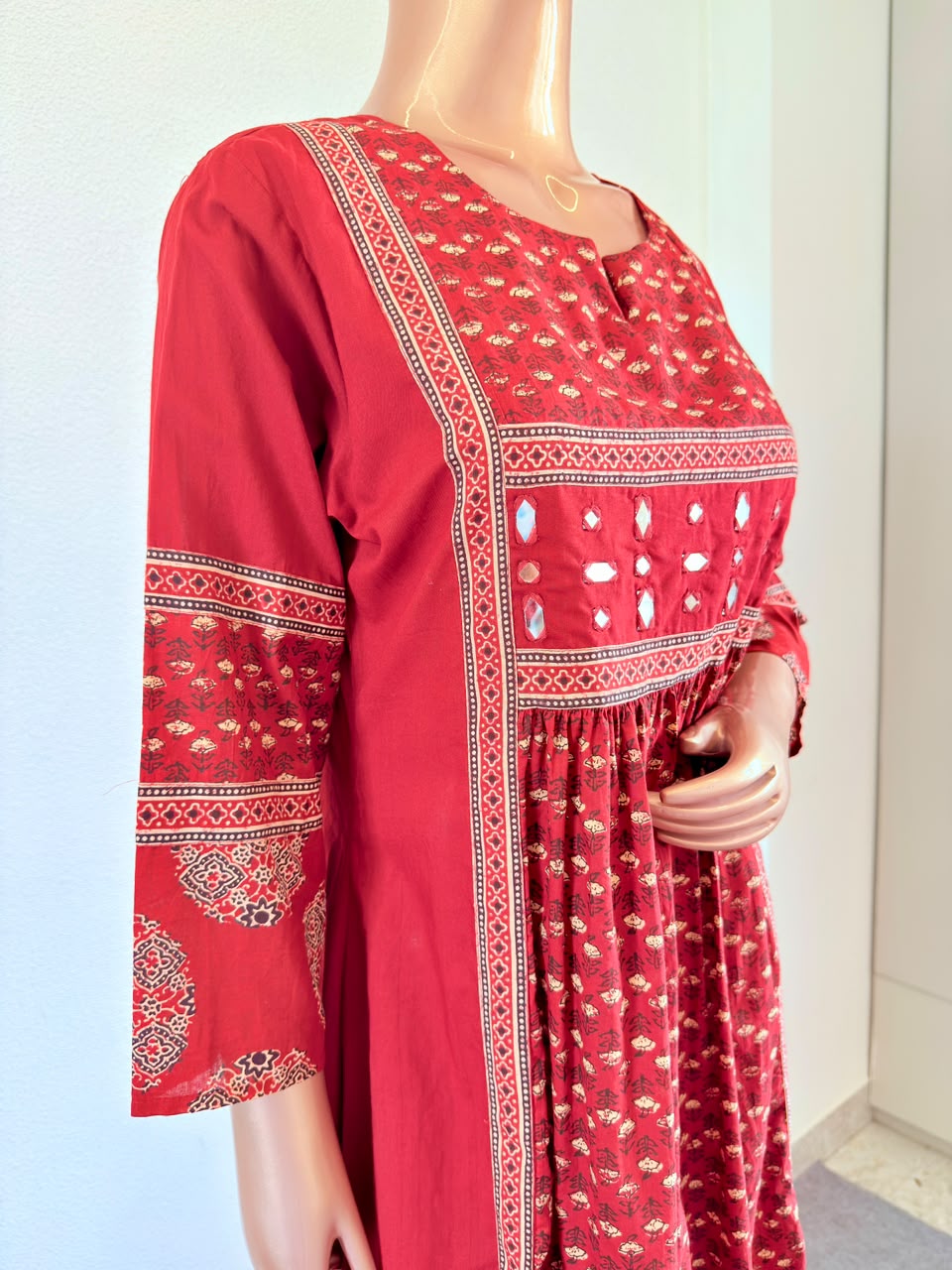 Mirror Work Paneled Ajrakh Print Suit Set with Dupatta