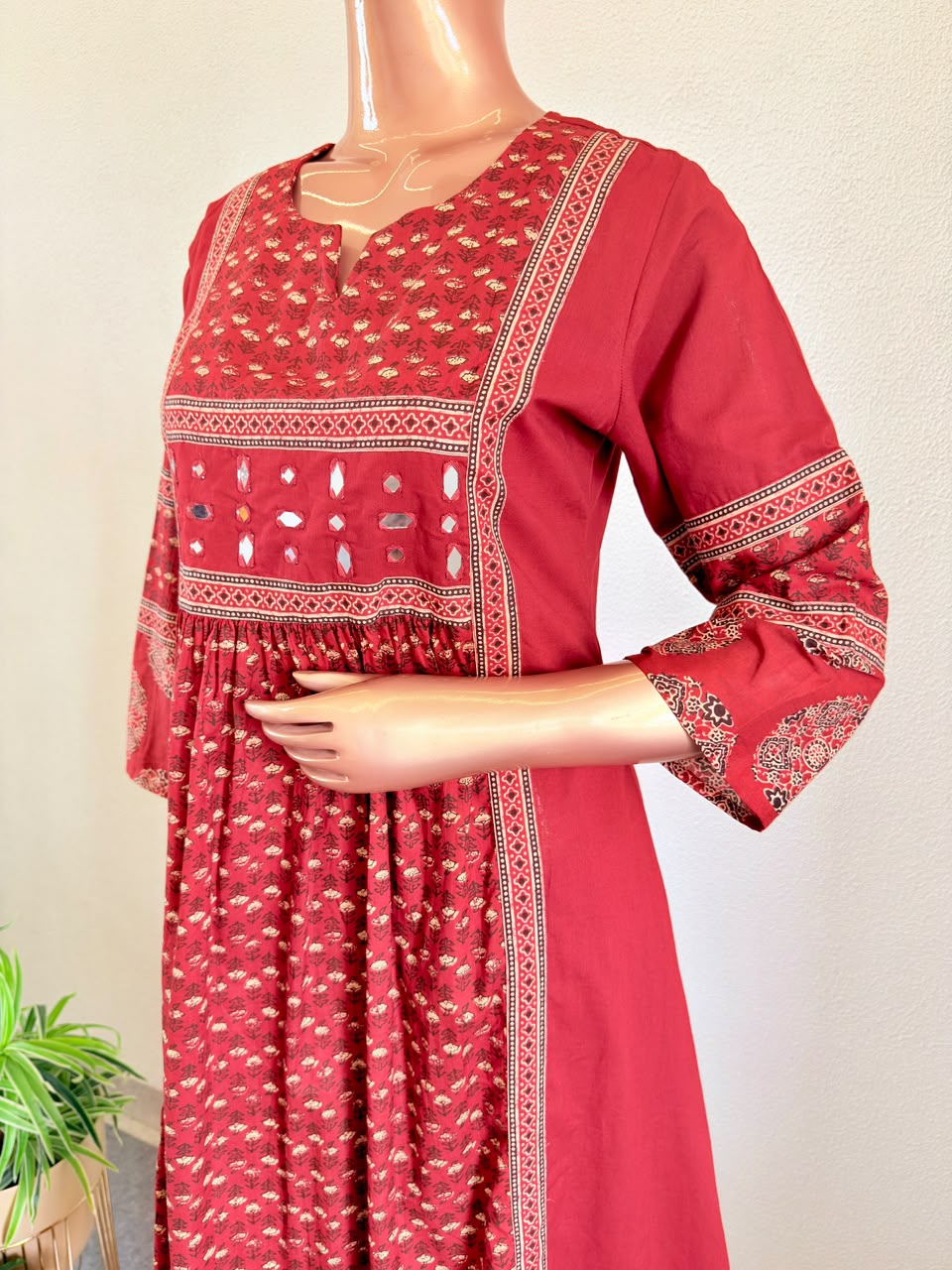 Mirror Work Paneled Ajrakh Print Suit Set with Dupatta
