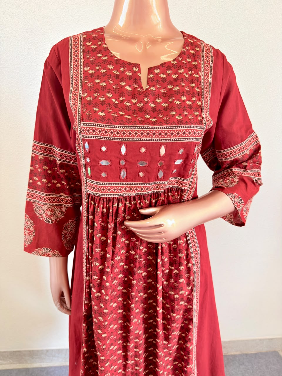 Mirror Work Paneled Ajrakh Print Suit Set with Dupatta